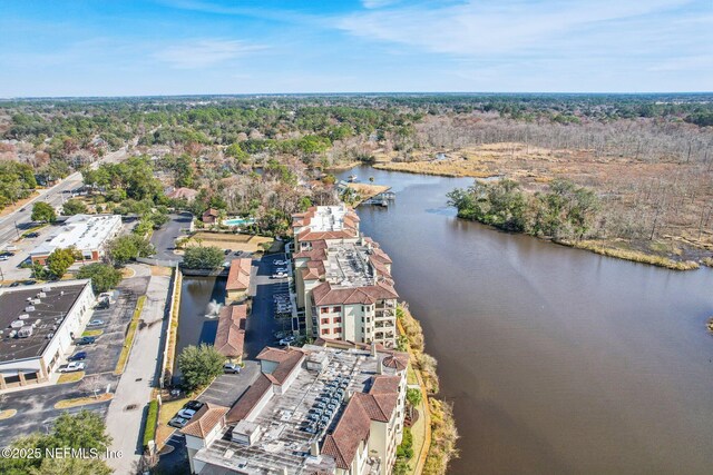 aerial view featuring a water view