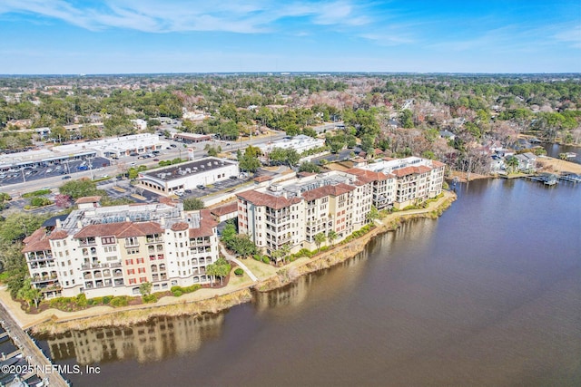 drone / aerial view with a water view