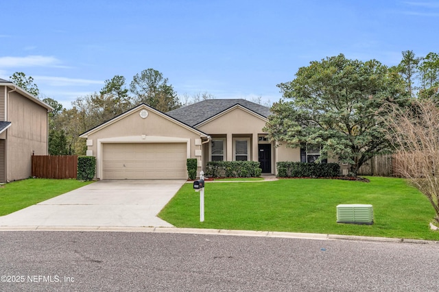 ranch-style house with a garage and a front yard