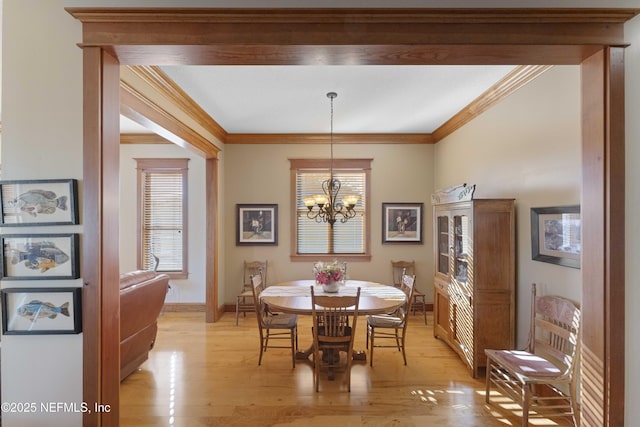 dining room with ornamental molding, light hardwood / wood-style flooring, and a wealth of natural light