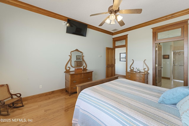 bedroom with ceiling fan, ornamental molding, and light wood-type flooring