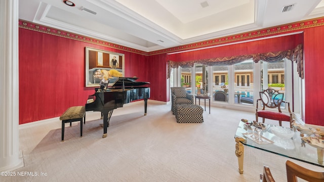 sitting room with a raised ceiling and carpet floors