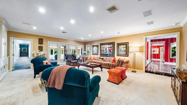 living room with light colored carpet and ornamental molding