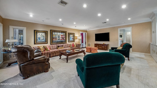 carpeted living room with crown molding