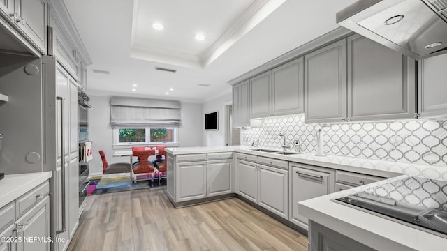 kitchen featuring sink, crown molding, gray cabinets, premium range hood, and a raised ceiling