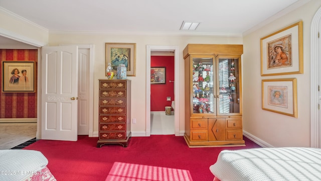 carpeted bedroom featuring ornamental molding