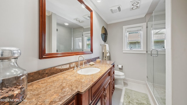 bathroom with a shower with shower door, ornamental molding, vanity, toilet, and tile patterned floors