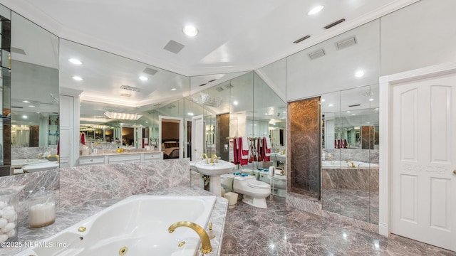 bathroom with ornamental molding, toilet, and separate shower and tub