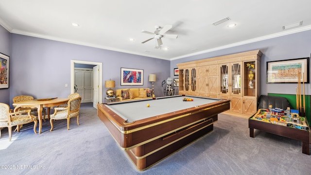 playroom featuring ceiling fan, ornamental molding, billiards, and carpet