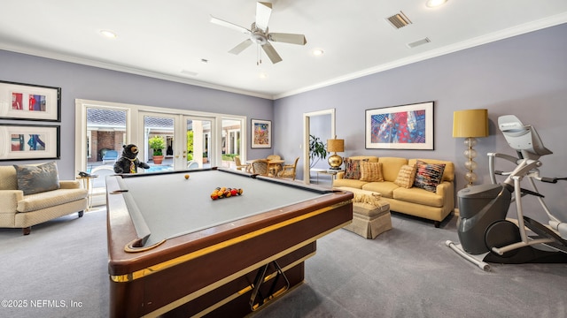 game room with carpet, pool table, ceiling fan, crown molding, and french doors