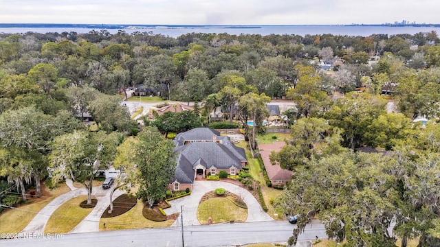 aerial view featuring a water view