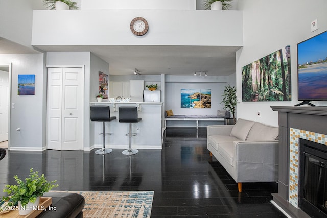 living room with dark hardwood / wood-style flooring