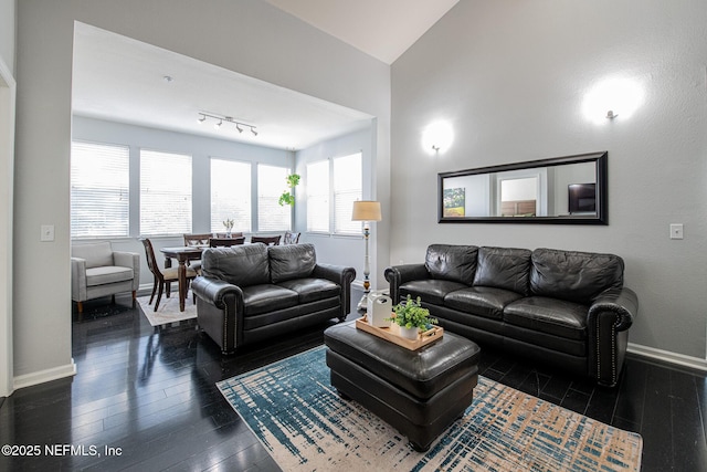 living room featuring dark wood-type flooring and vaulted ceiling