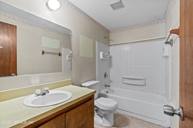 full bathroom featuring toilet, a textured ceiling, vanity, tiled shower / bath combo, and tile patterned flooring