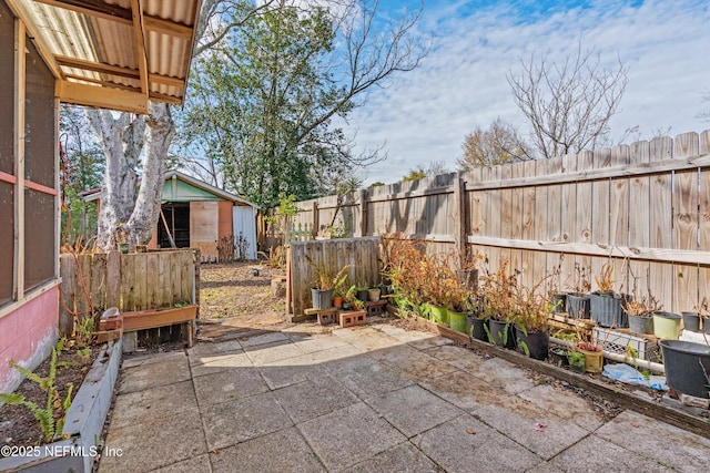 view of patio / terrace featuring a storage shed