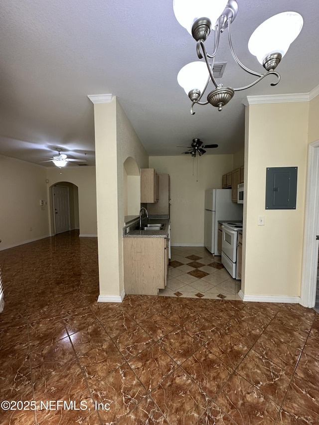 kitchen featuring ceiling fan, white appliances, electric panel, and sink