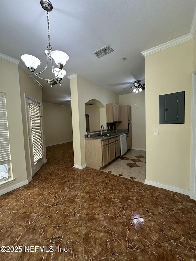 kitchen with ornamental molding, sink, light brown cabinets, and electric panel