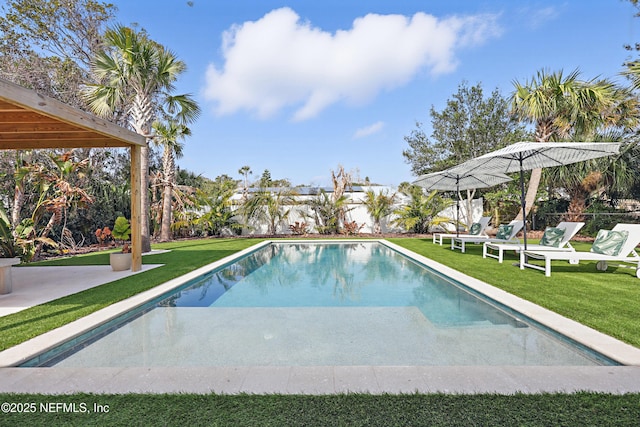 view of swimming pool with a lawn