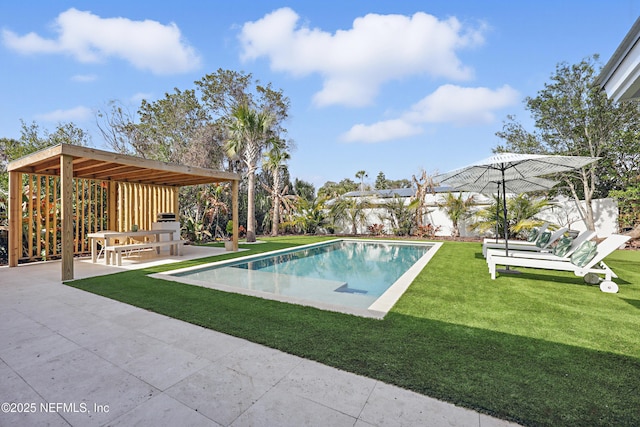 view of swimming pool with a yard and a patio area