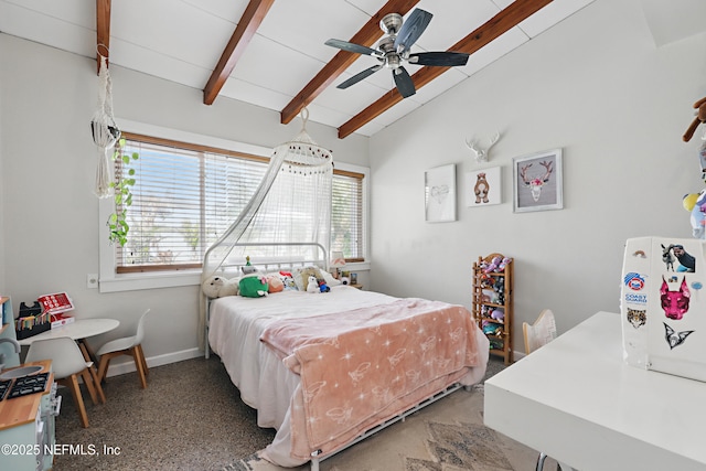 bedroom with vaulted ceiling with beams and ceiling fan