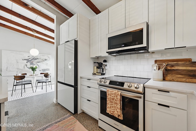 kitchen with white cabinetry, tasteful backsplash, stainless steel electric range, white fridge, and pendant lighting