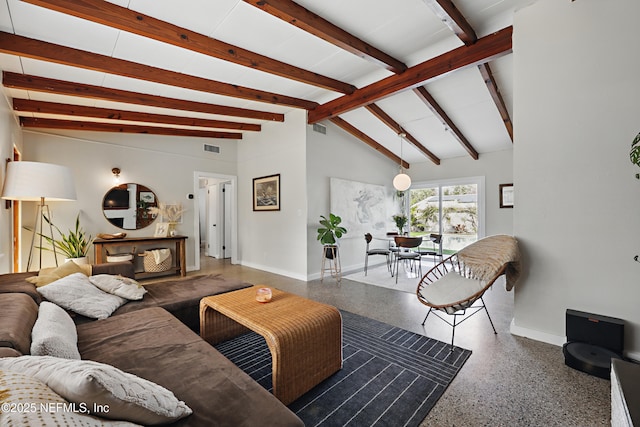 living room featuring vaulted ceiling with beams