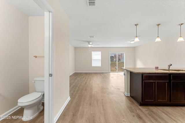 kitchen featuring sink, dark brown cabinetry, a textured ceiling, decorative light fixtures, and light wood-type flooring