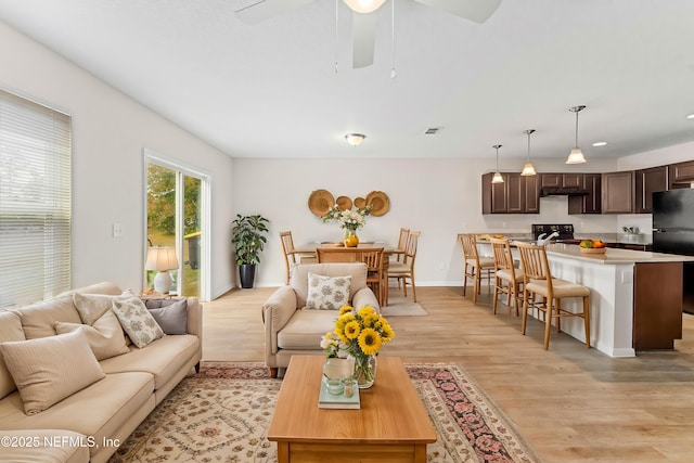 living room with light hardwood / wood-style floors and ceiling fan