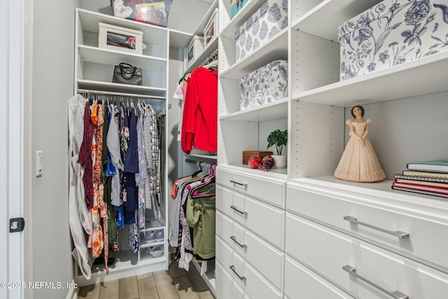 walk in closet featuring light hardwood / wood-style flooring