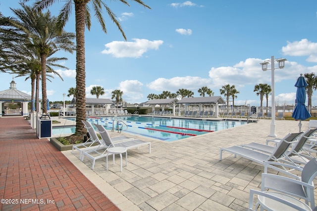 view of pool featuring a gazebo and a patio area