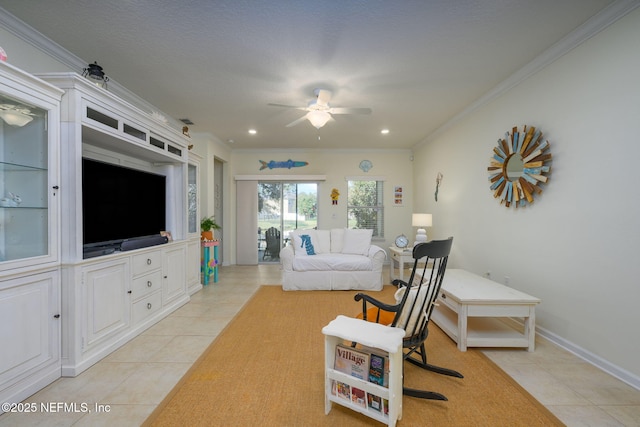 tiled living room featuring crown molding and ceiling fan