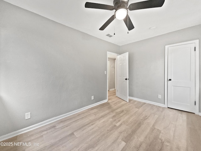 unfurnished bedroom with ceiling fan and light wood-type flooring