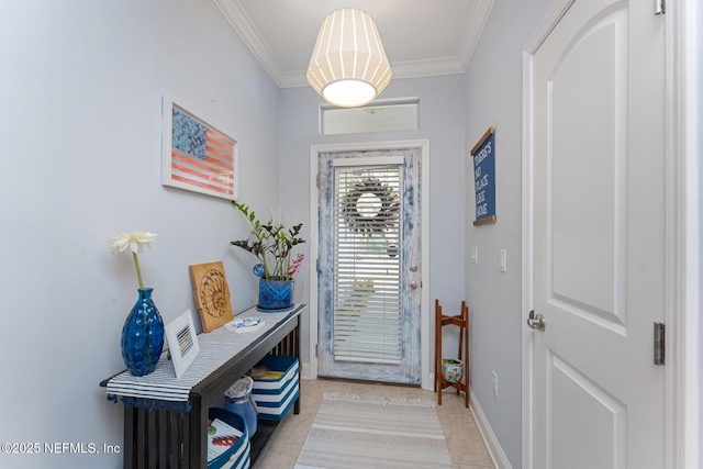 doorway to outside featuring crown molding and light tile patterned floors