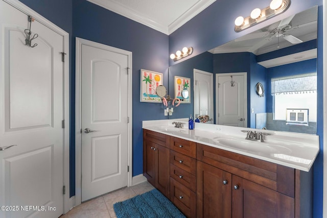 bathroom with vanity, crown molding, tile patterned floors, and ceiling fan