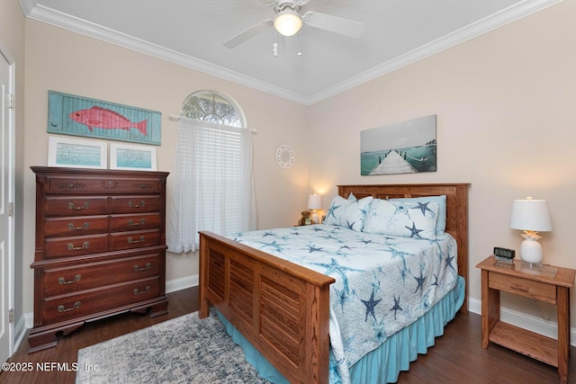 bedroom featuring ceiling fan, ornamental molding, and dark hardwood / wood-style floors