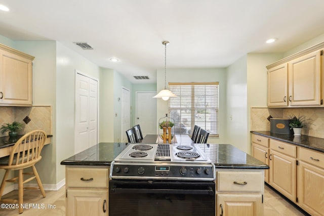 kitchen featuring pendant lighting, a center island, black electric range, and light brown cabinets