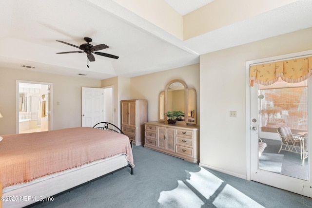 bedroom with ceiling fan, ensuite bathroom, and carpet flooring