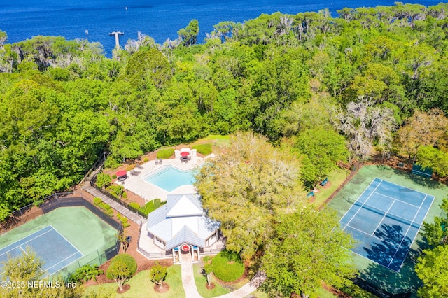 aerial view featuring a water view