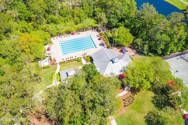 birds eye view of property featuring a water view