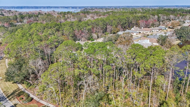 birds eye view of property featuring a water view and a view of trees