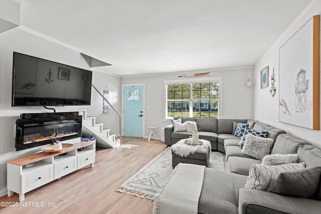 living room featuring crown molding and light hardwood / wood-style floors