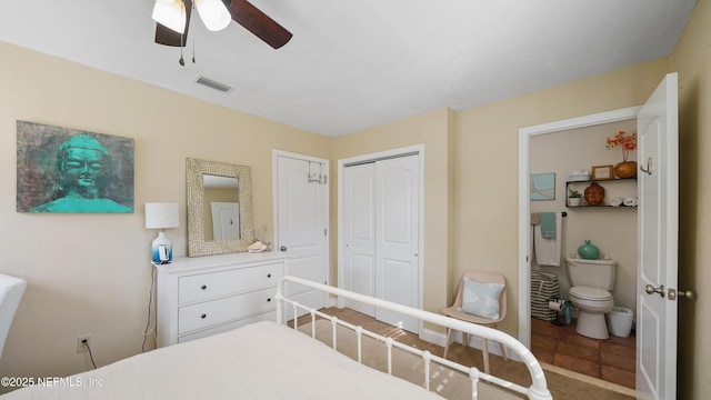 bedroom featuring ceiling fan and a closet