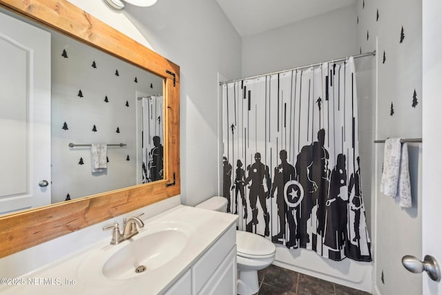 full bathroom with shower / bath combination with curtain, vanity, toilet, and tile patterned flooring