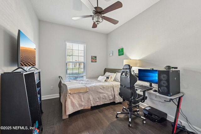 bedroom with dark wood-type flooring and ceiling fan