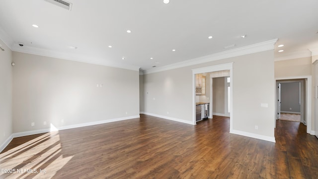 unfurnished living room featuring crown molding and dark hardwood / wood-style floors