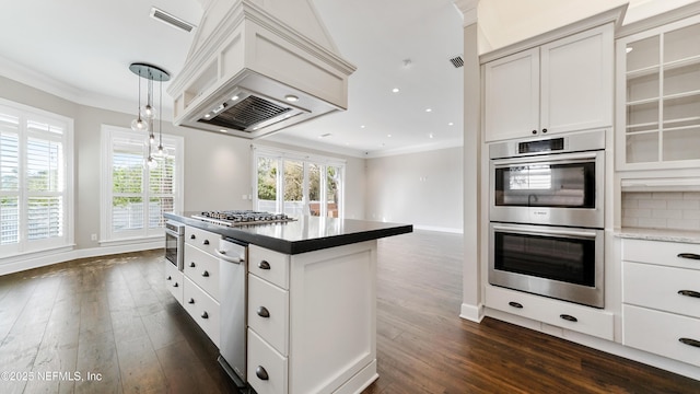 kitchen with white cabinetry, crown molding, stainless steel appliances, and custom range hood