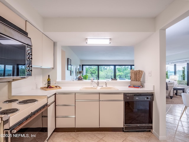 kitchen with sink, white cabinets, black dishwasher, and white electric range oven