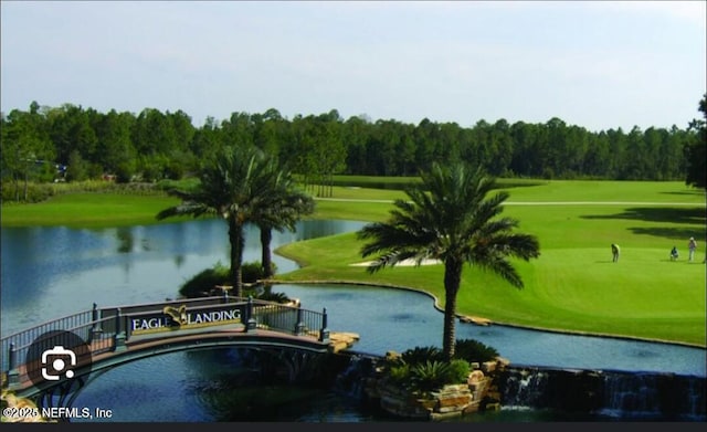 view of property's community with a water view and a lawn