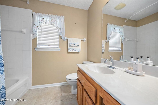 full bathroom featuring shower / tub combo with curtain, tile patterned flooring, vanity, a textured ceiling, and toilet