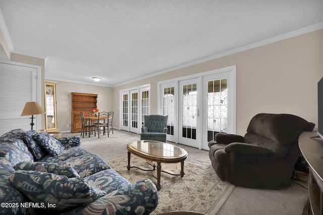 carpeted living room featuring ornamental molding, a textured ceiling, and french doors